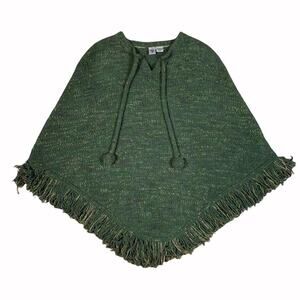 prAna Womens Green Pullover Shawl Outdoor Poncho Fringe Knit Sweater OSFA